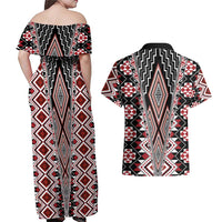 Red Aotearoa Tukutuku and Poutama Motif Couples Matching Off Shoulder Maxi Dress and Hawaiian Shirt