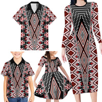 Red Aotearoa Tukutuku and Poutama Motif Family Matching Long Sleeve Bodycon Dress and Hawaiian Shirt