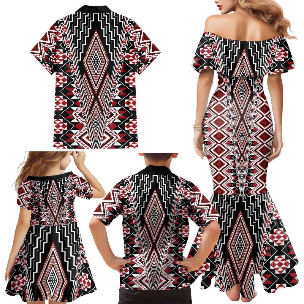 Red Aotearoa Tukutuku and Poutama Motif Family Matching Mermaid Dress and Hawaiian Shirt