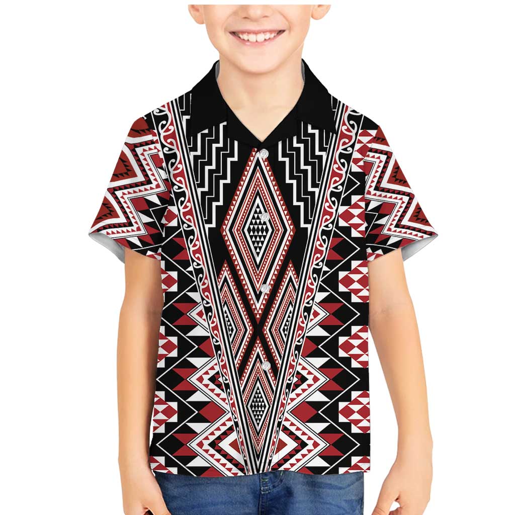 Red Aotearoa Tukutuku and Poutama Motif Family Matching Mermaid Dress and Hawaiian Shirt
