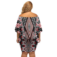 Red Aotearoa Tukutuku and Poutama Motif Family Matching Off Shoulder Short Dress and Hawaiian Shirt