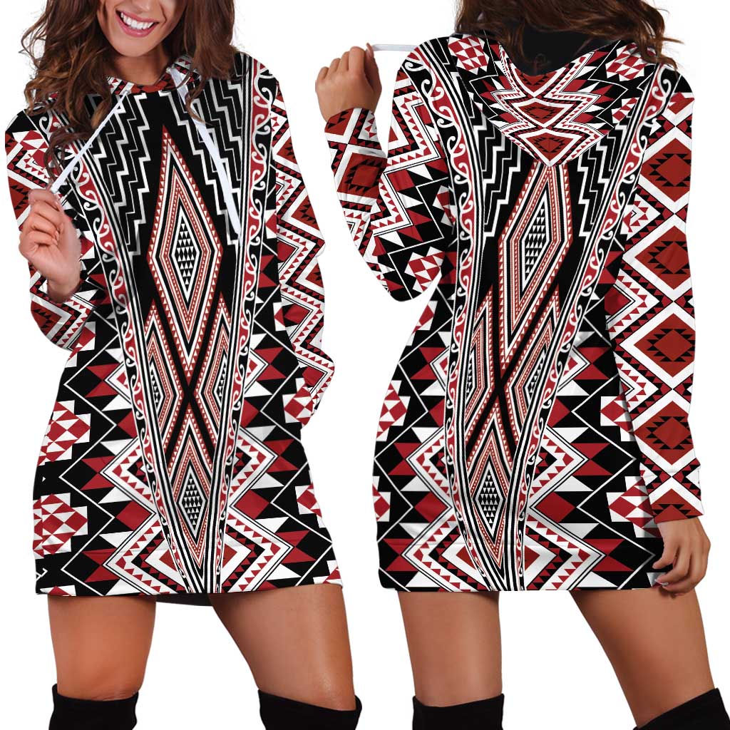 Red Aotearoa Tukutuku and Poutama Motif Hoodie Dress
