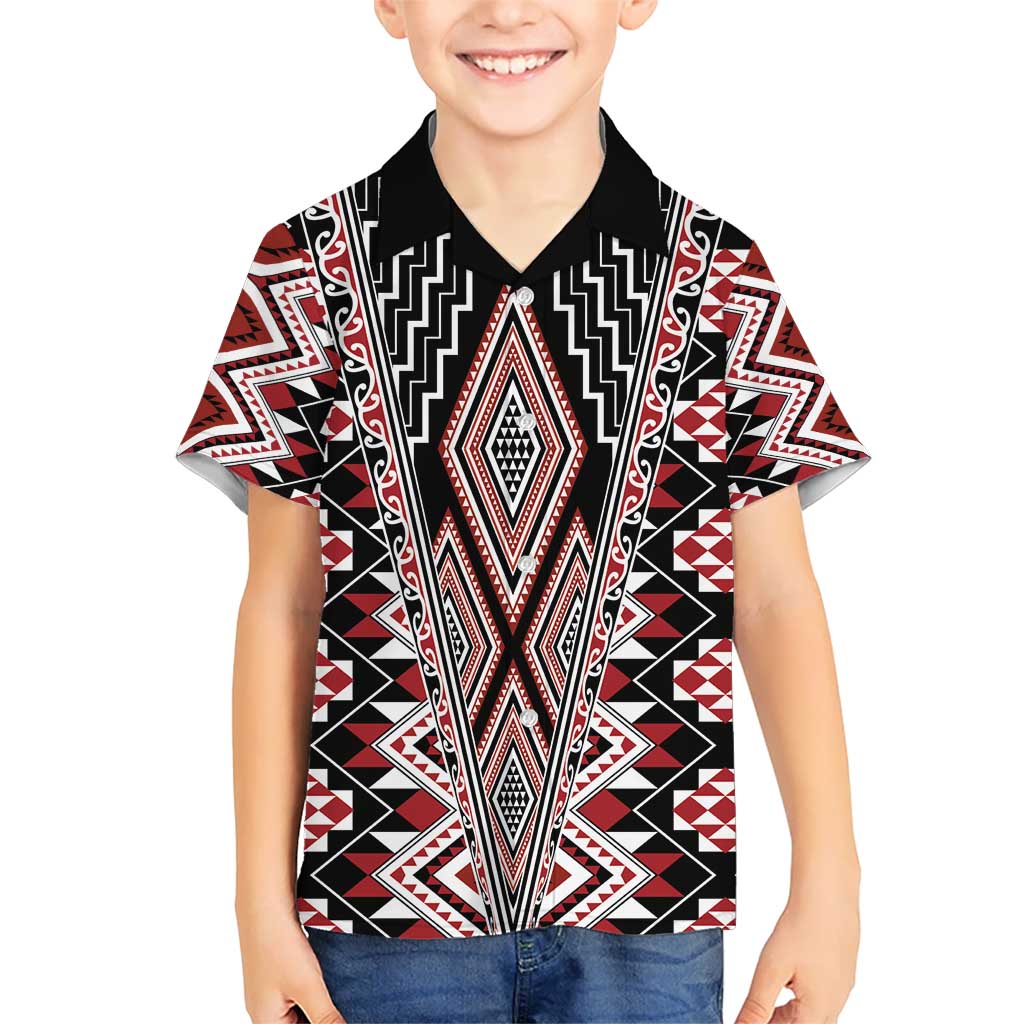 Red Aotearoa Tukutuku and Poutama Motif Kid Hawaiian Shirt LT03 Kid Red - Polynesian Pride