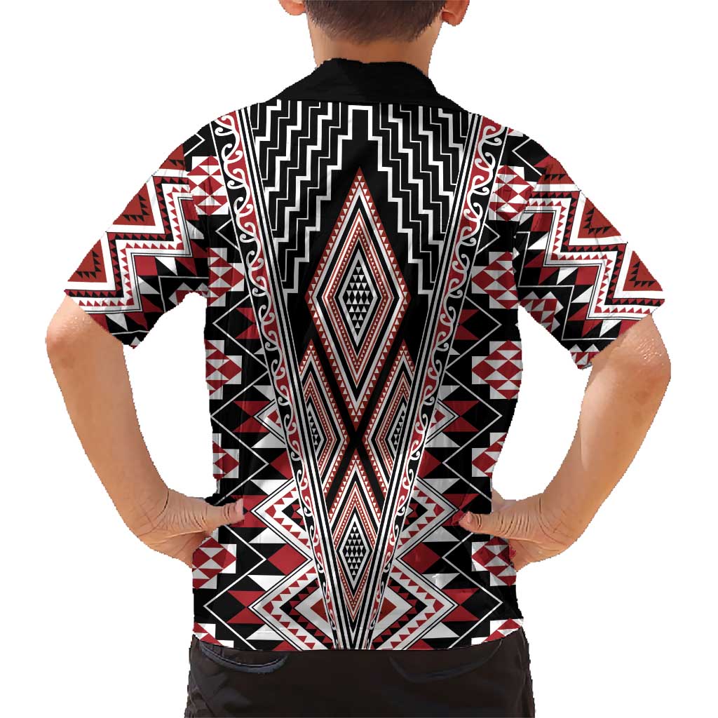 Red Aotearoa Tukutuku and Poutama Motif Kid Hawaiian Shirt LT03 - Polynesian Pride