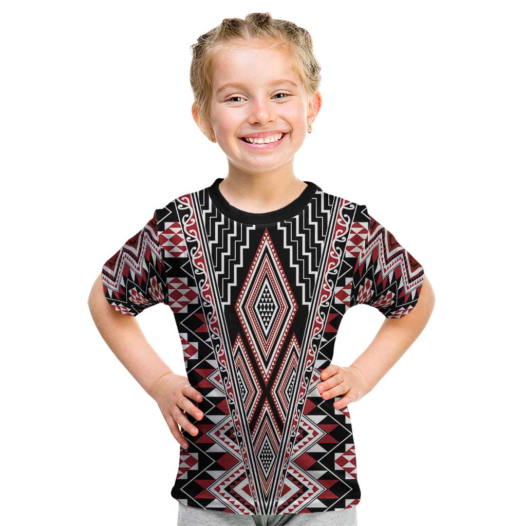Red Aotearoa Tukutuku and Poutama Motif Kid T Shirt LT03 Red - Polynesian Pride