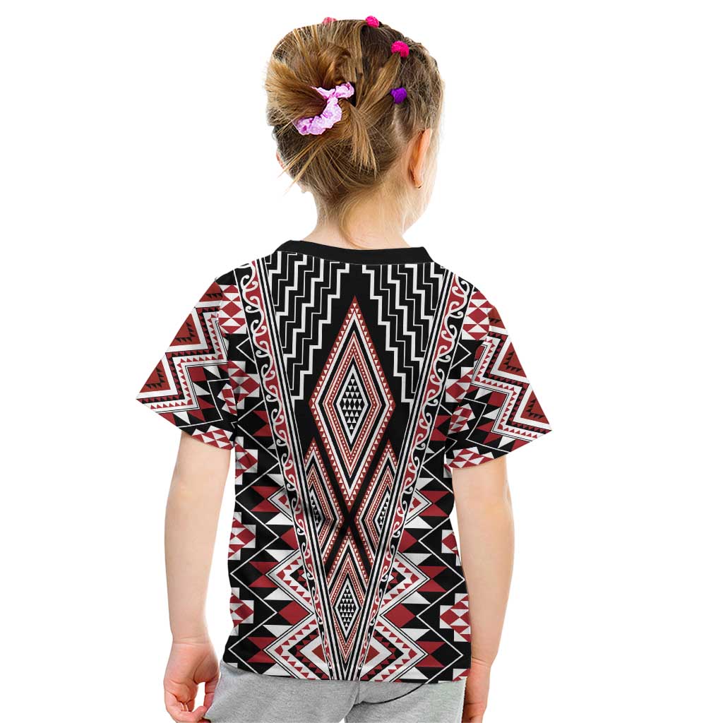 Red Aotearoa Tukutuku and Poutama Motif Kid T Shirt LT03 - Polynesian Pride