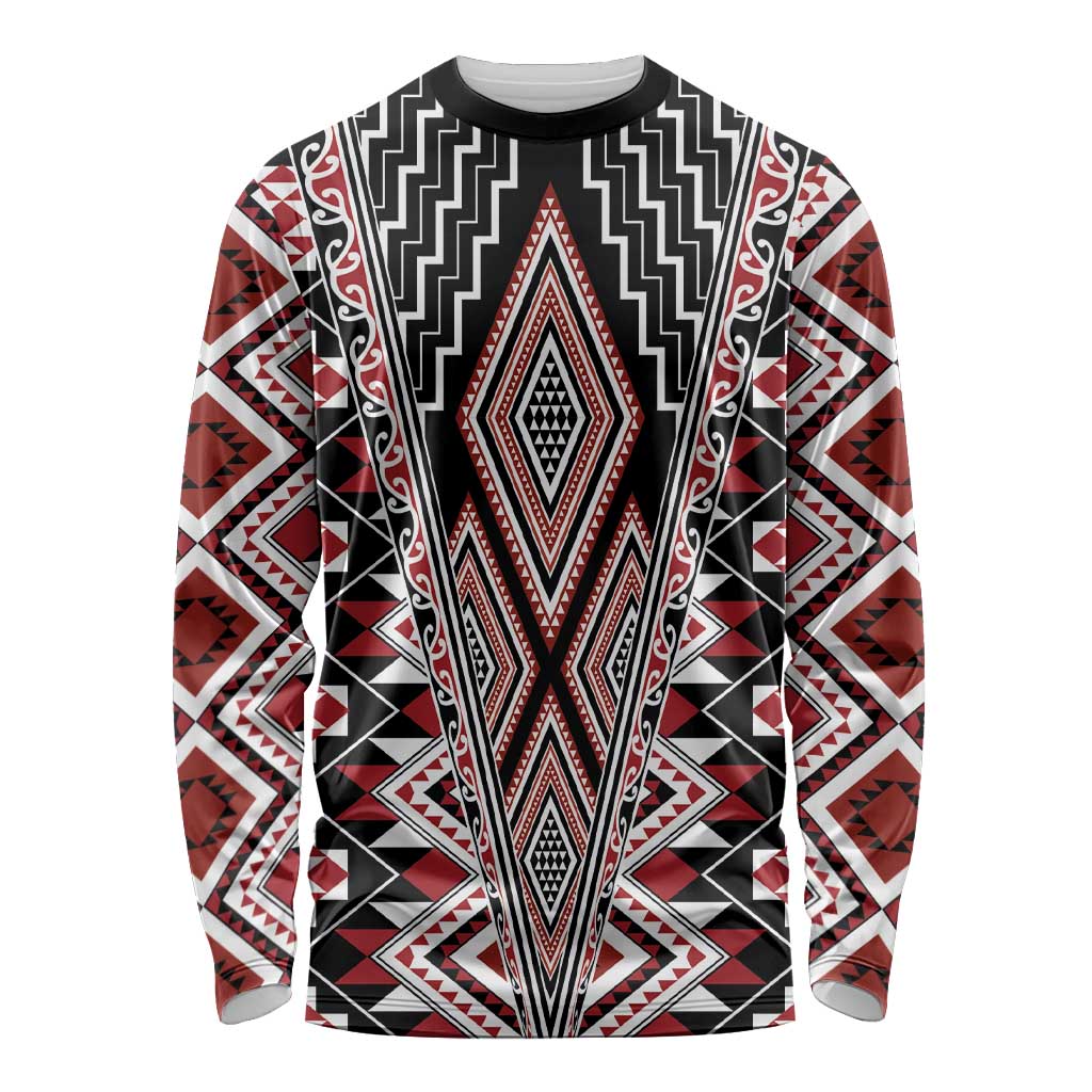 Red Aotearoa Tukutuku and Poutama Motif Long Sleeve Shirt LT03 Unisex Red - Polynesian Pride