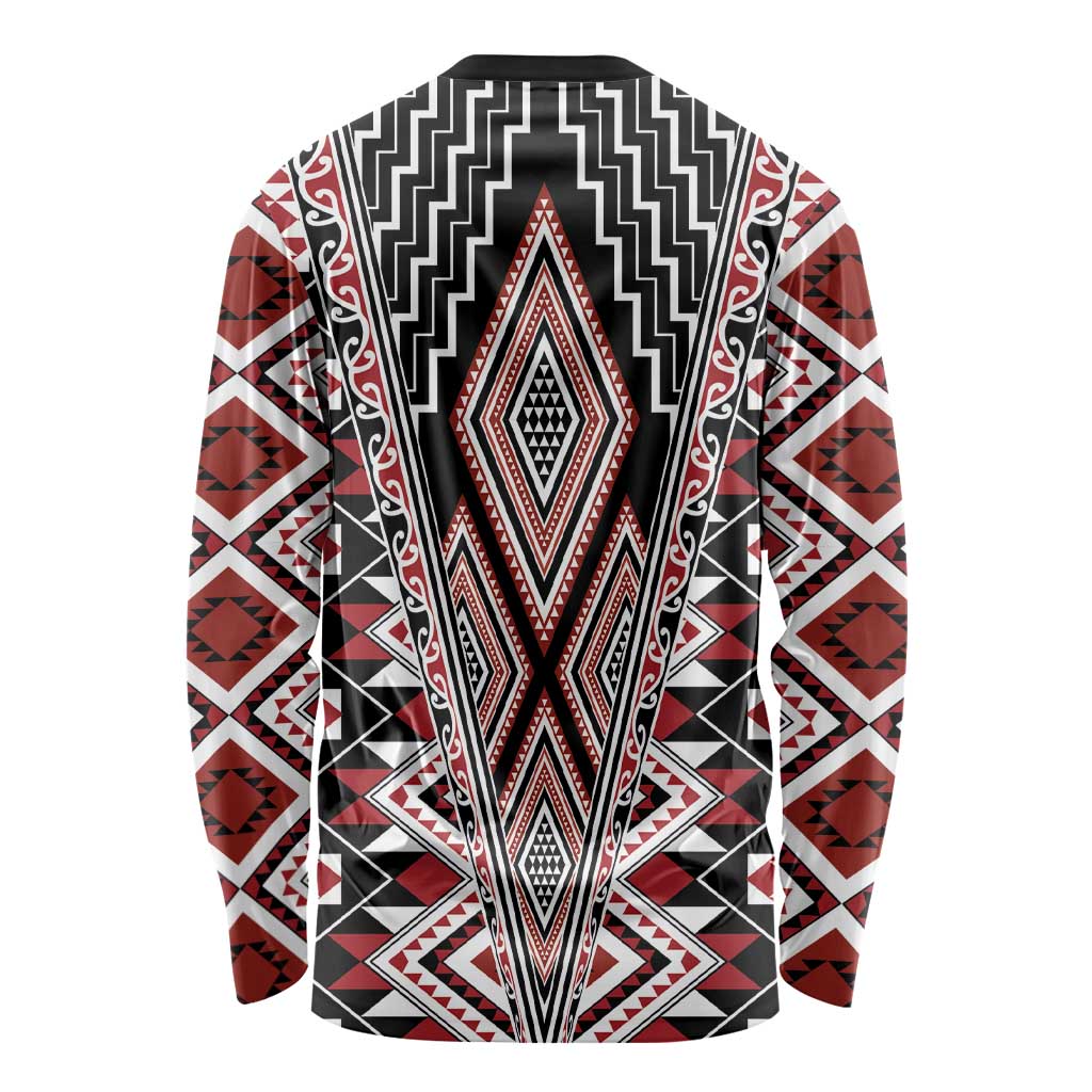 Red Aotearoa Tukutuku and Poutama Motif Long Sleeve Shirt LT03 - Polynesian Pride