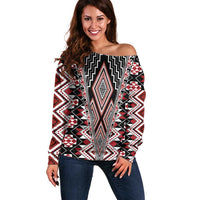 Red Aotearoa Tukutuku and Poutama Motif Off Shoulder Sweater