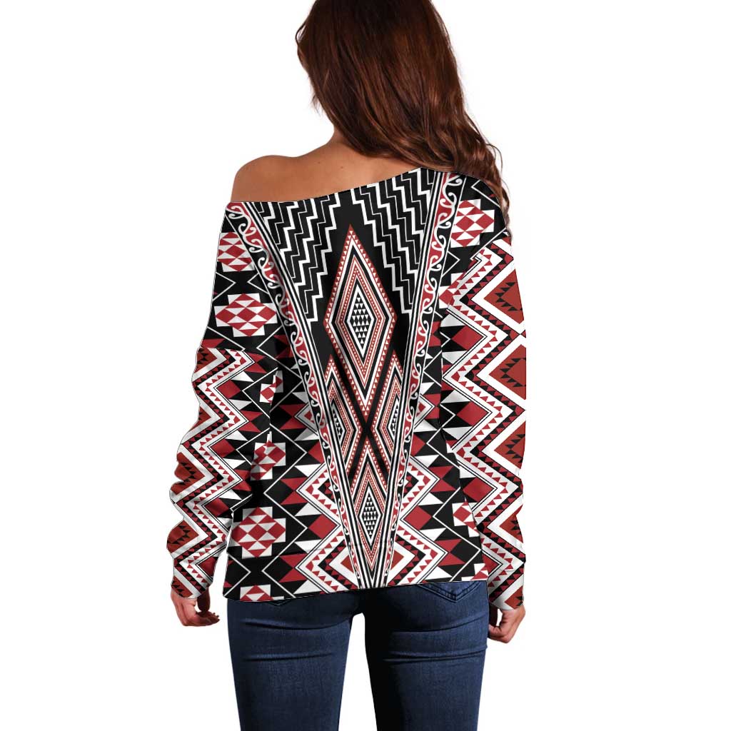 Red Aotearoa Tukutuku and Poutama Motif Off Shoulder Sweater