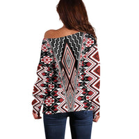Red Aotearoa Tukutuku and Poutama Motif Off Shoulder Sweater