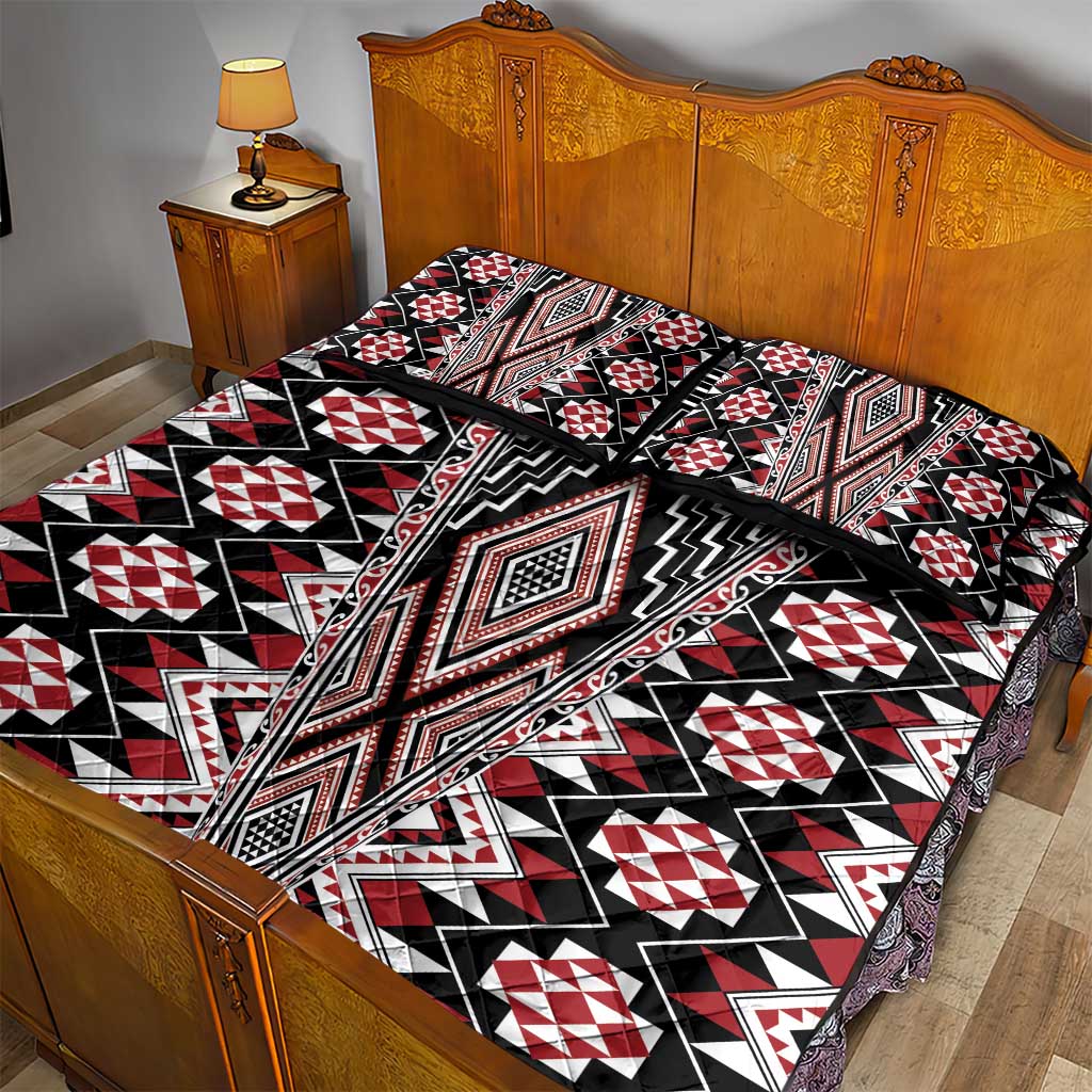Red Aotearoa Tukutuku and Poutama Motif Quilt Bed Set
