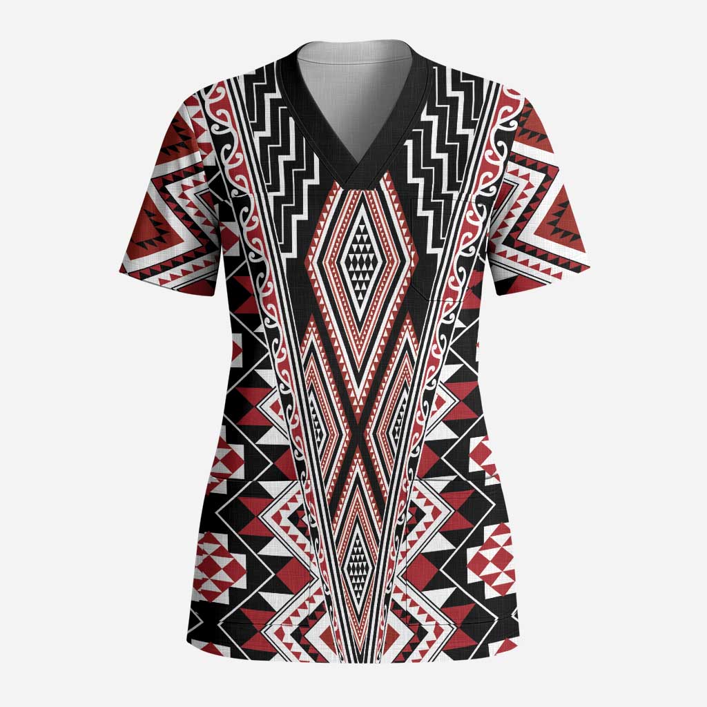 Red Aotearoa Tukutuku and Poutama Motif Scrub Top - Polynesian Pride