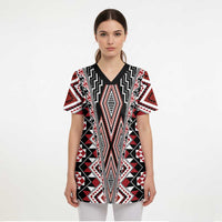 Red Aotearoa Tukutuku and Poutama Motif Scrub Top - Polynesian Pride