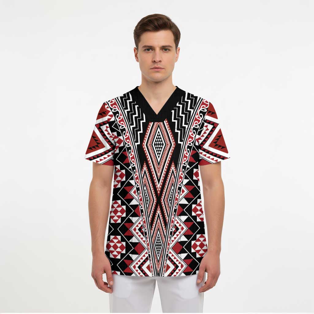 Red Aotearoa Tukutuku and Poutama Motif Scrub Top - Polynesian Pride
