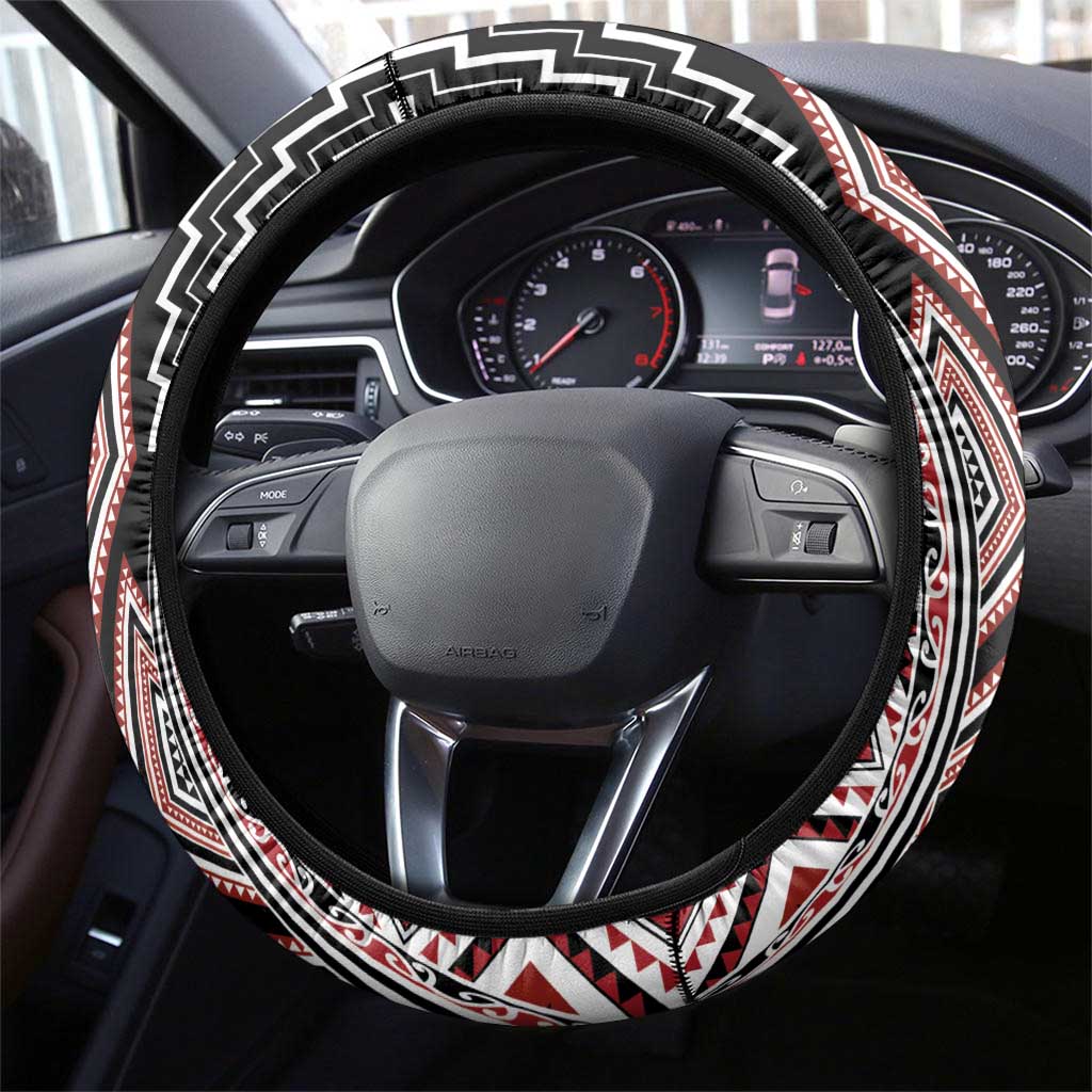 Red Aotearoa Tukutuku and Poutama Motif Steering Wheel Cover