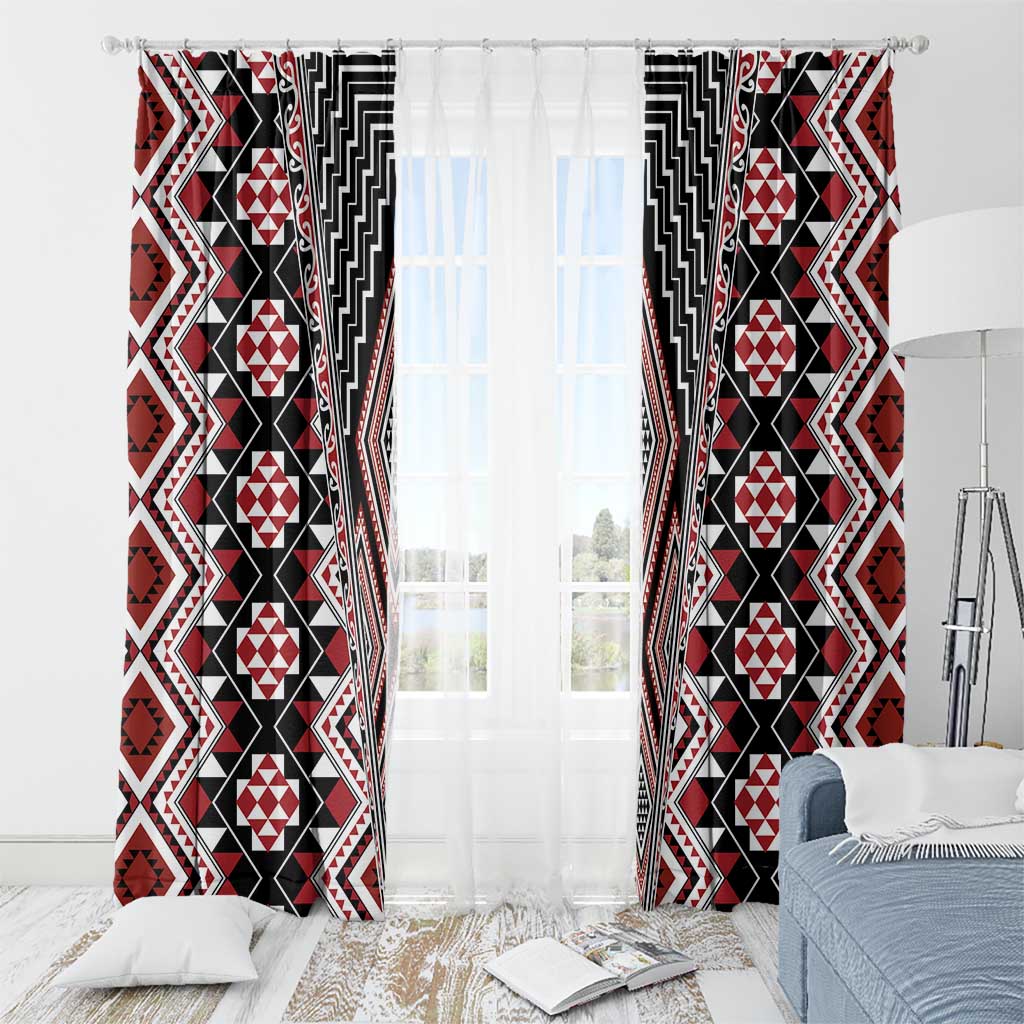 Red Aotearoa Tukutuku and Poutama Motif Window Curtain