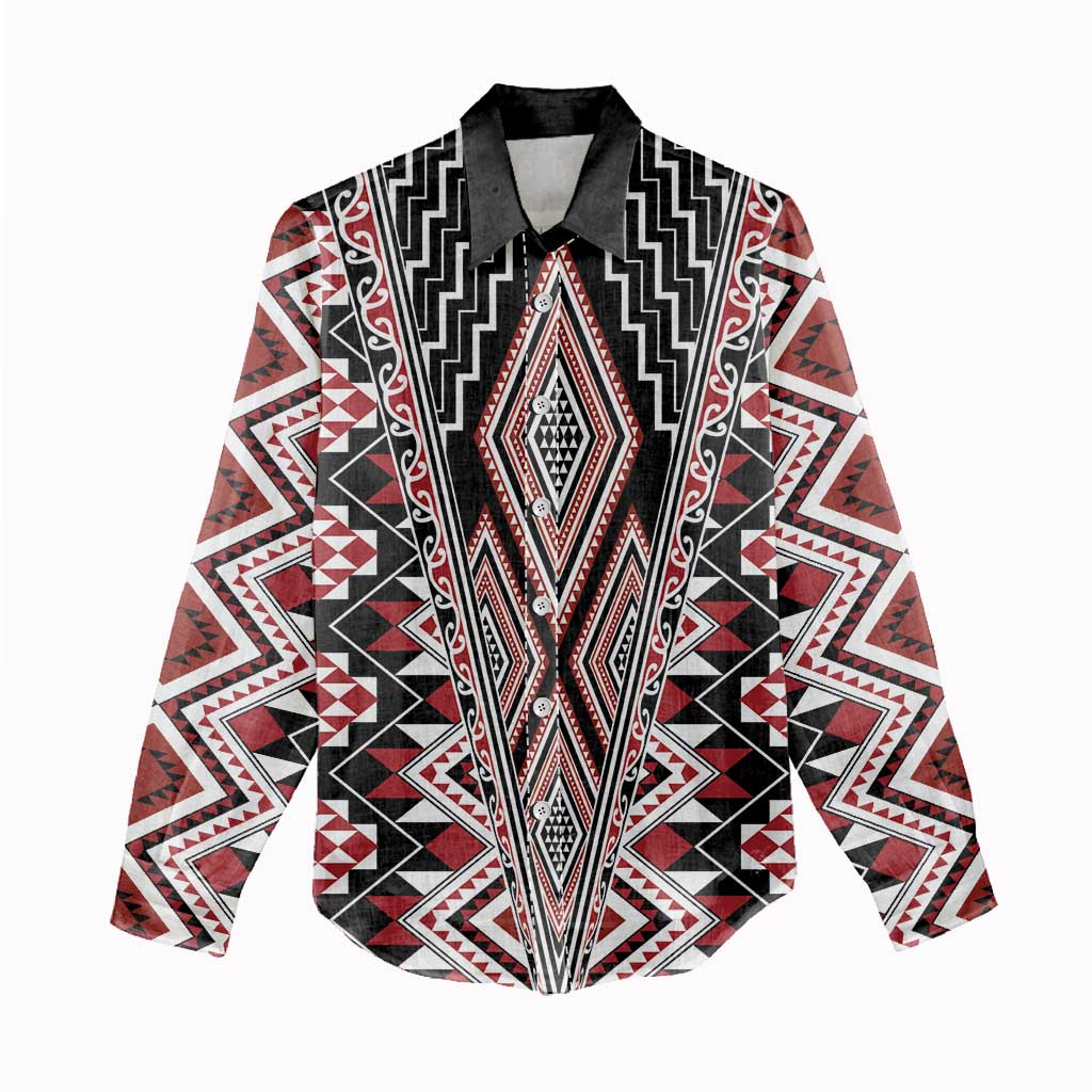 Red Aotearoa Tukutuku and Poutama Motif Women Casual Shirt