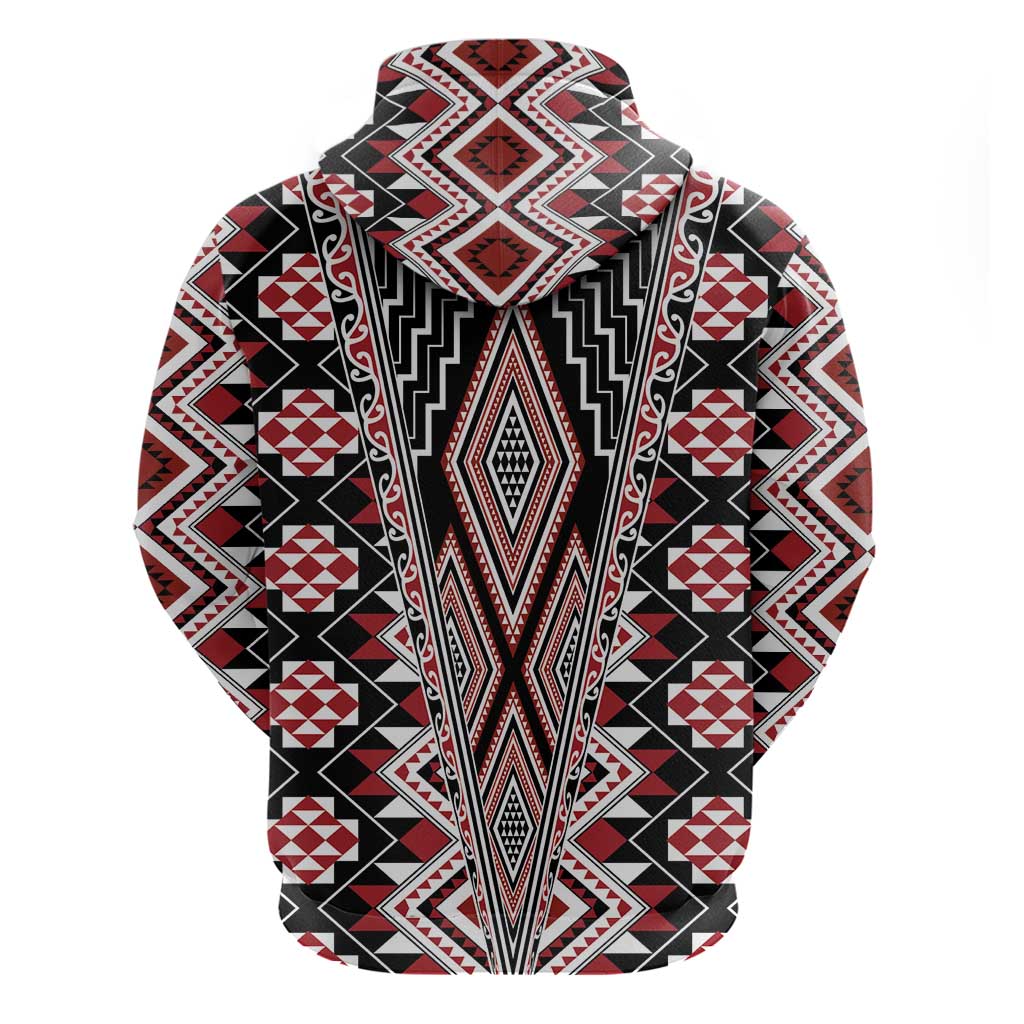 Red Aotearoa Tukutuku and Poutama Motif Zip Hoodie