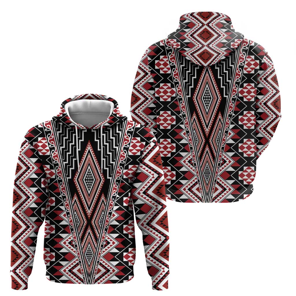 Red Aotearoa Tukutuku and Poutama Motif Zip Hoodie