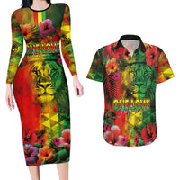 Hawaiian Reggae Couples Matching Long Sleeve Bodycon Dress and Hawaiian Shirt Tropical Plants and Tribal Kakau Tattoo-One Love Jawaiian
