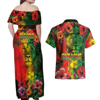 Hawaiian Reggae Couples Matching Off Shoulder Maxi Dress and Hawaiian Shirt Tropical Plants and Tribal Kakau Tattoo-One Love Jawaiian