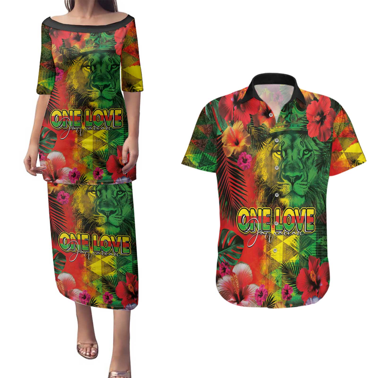 Hawaiian Reggae Couples Matching Puletasi and Hawaiian Shirt Tropical Plants and Tribal Kakau Tattoo-One Love Jawaiian
