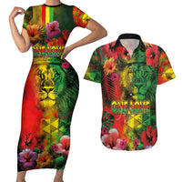 Hawaiian Reggae Couples Matching Short Sleeve Bodycon Dress and Hawaiian Shirt Tropical Plants and Tribal Kakau Tattoo-One Love Jawaiian
