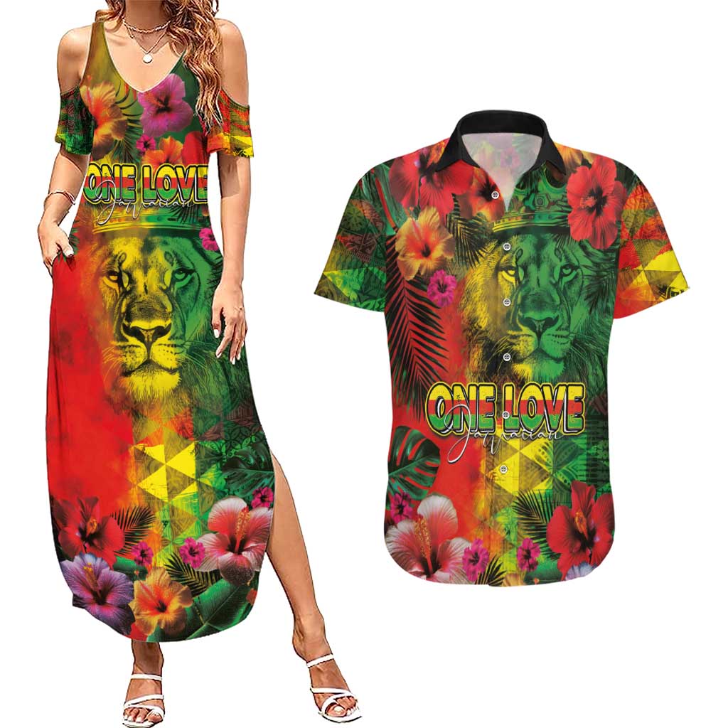 Hawaiian Reggae Couples Matching Summer Maxi Dress and Hawaiian Shirt Tropical Plants and Tribal Kakau Tattoo-One Love Jawaiian
