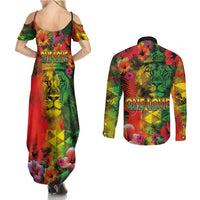 Hawaiian Reggae Couples Matching Summer Maxi Dress and Long Sleeve Button Shirt Tropical Plants and Tribal Kakau Tattoo-One Love Jawaiian