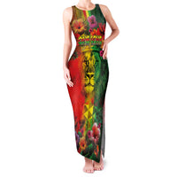 Hawaiian Reggae Family Matching Tank Maxi Dress and Hawaiian Shirt Tropical Plants and Tribal Kakau Tattoo-One Love Jawaiian