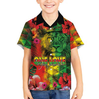 Hawaiian Reggae Kid Hawaiian Shirt Tropical Plants and Tribal Kakau Tattoo-One Love Jawaiian