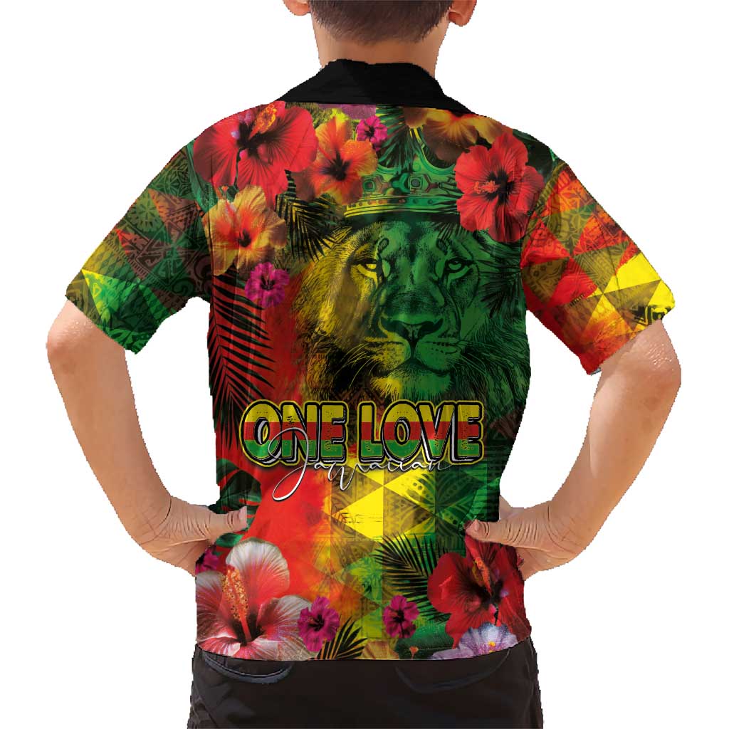Hawaiian Reggae Kid Hawaiian Shirt Tropical Plants and Tribal Kakau Tattoo-One Love Jawaiian