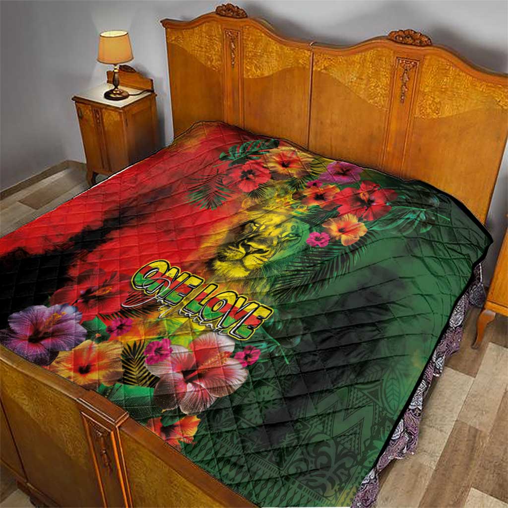 Hawaiian Reggae Quilt Tropical Plants and Tribal Kakau Tattoo-One Love Jawaiian