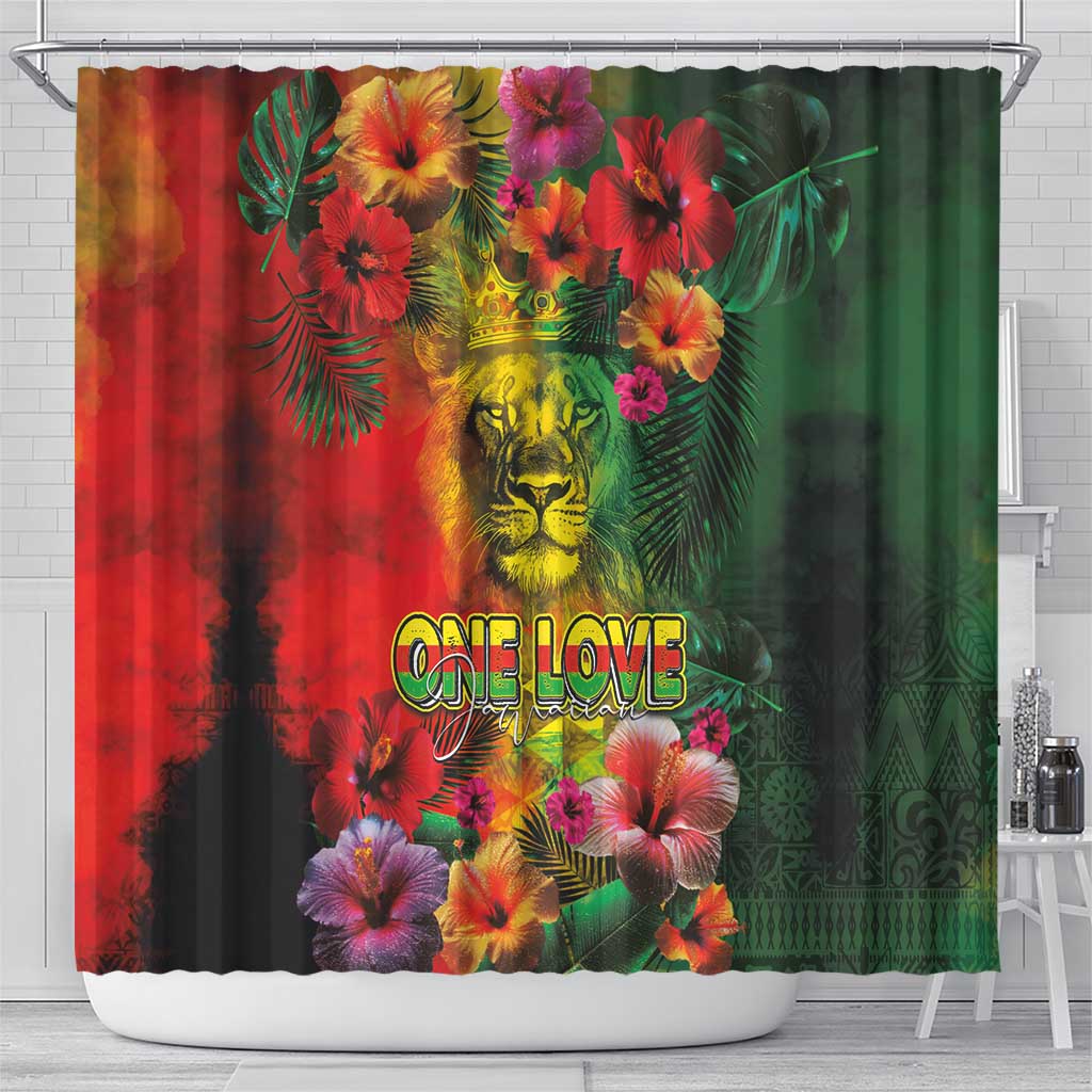 Hawaiian Reggae Shower Curtain Tropical Plants and Tribal Kakau Tattoo-One Love Jawaiian