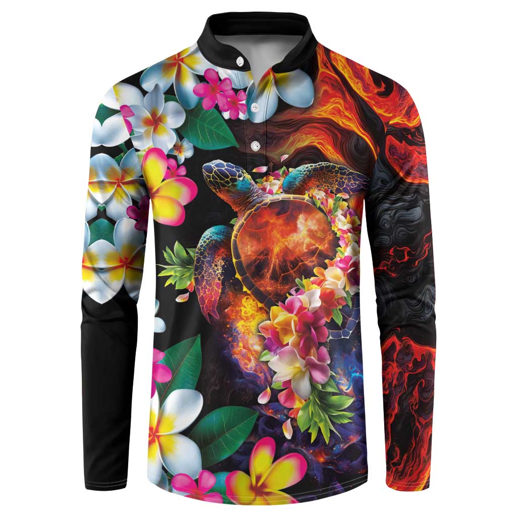 Hawaiian Lei Day Button Sweatshirt Colorful Plumeria and Volcanic Turtle with Abstract Lava Texture LT03 Black - Polynesian Pride