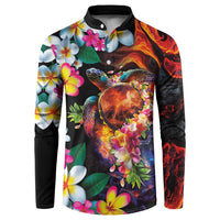 Hawaiian Lei Day Button Sweatshirt Colorful Plumeria and Volcanic Turtle with Abstract Lava Texture LT03 Black - Polynesian Pride