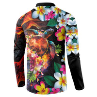 Hawaiian Lei Day Button Sweatshirt Colorful Plumeria and Volcanic Turtle with Abstract Lava Texture LT03 - Polynesian Pride