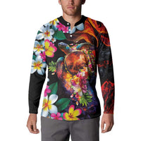 Hawaiian Lei Day Button Sweatshirt Colorful Plumeria and Volcanic Turtle with Abstract Lava Texture LT03 - Polynesian Pride