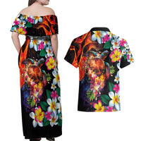 Hawaiian Lei Day Couples Matching Off Shoulder Maxi Dress and Hawaiian Shirt Colorful Plumeria and Volcanic Turtle with Abstract Lava Texture
