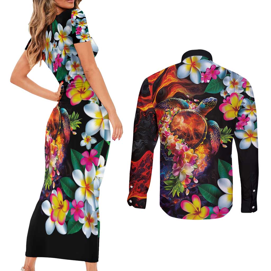 Hawaiian Lei Day Couples Matching Short Sleeve Bodycon Dress and Long Sleeve Button Shirt Colorful Plumeria and Volcanic Turtle with Abstract Lava Texture