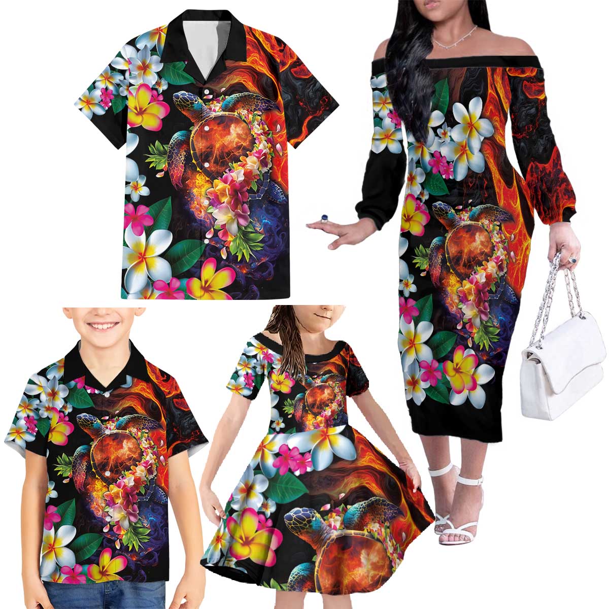 Hawaiian Lei Day Family Matching Off The Shoulder Long Sleeve Dress and Hawaiian Shirt Colorful Plumeria and Volcanic Turtle with Abstract Lava Texture