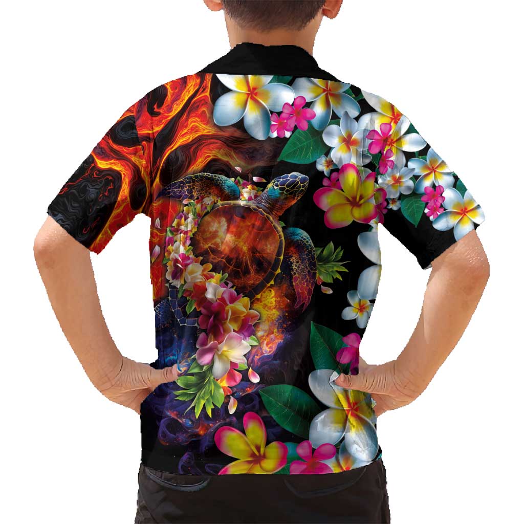 Hawaiian Lei Day Family Matching Puletasi and Hawaiian Shirt Colorful Plumeria and Volcanic Turtle with Abstract Lava Texture
