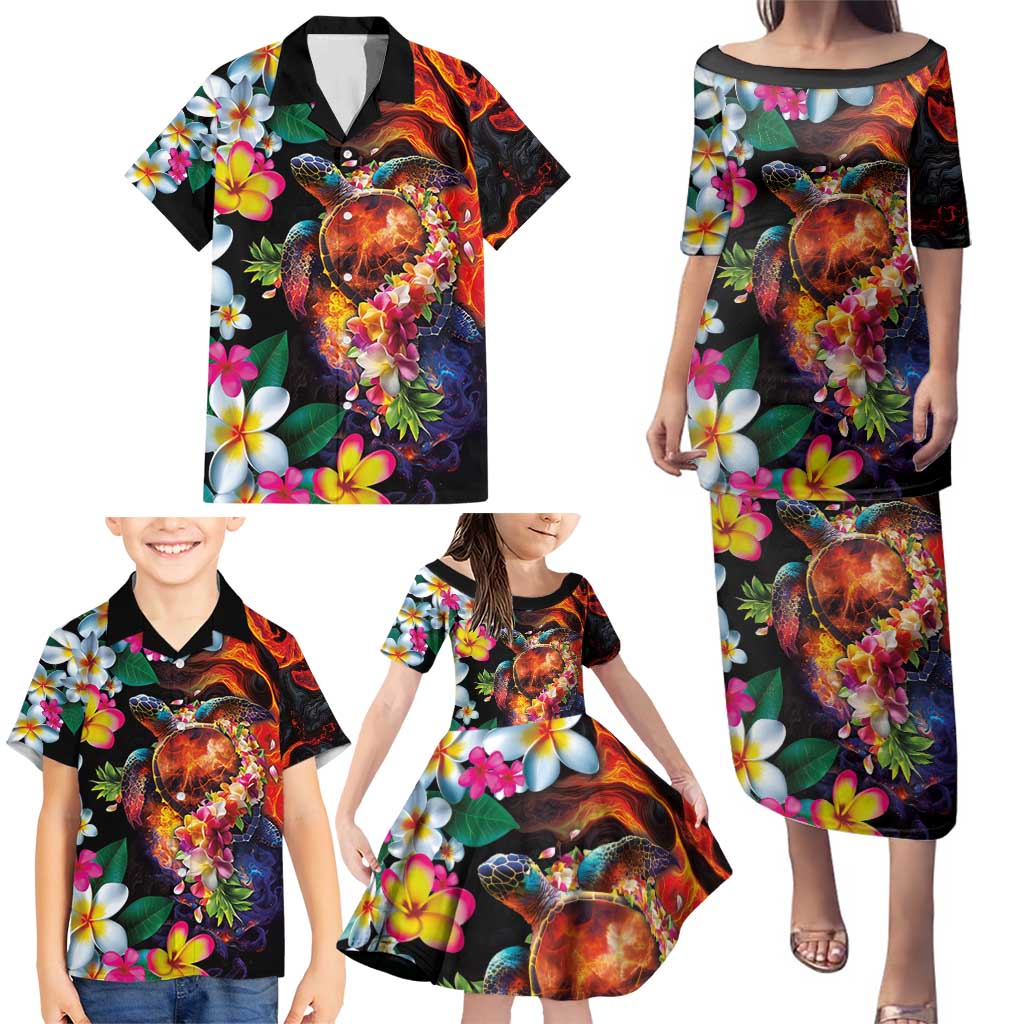 Hawaiian Lei Day Family Matching Puletasi and Hawaiian Shirt Colorful Plumeria and Volcanic Turtle with Abstract Lava Texture