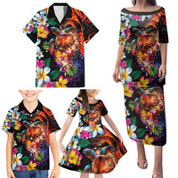 Hawaiian Lei Day Family Matching Puletasi and Hawaiian Shirt Colorful Plumeria and Volcanic Turtle with Abstract Lava Texture