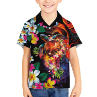 Hawaiian Lei Day Family Matching Summer Maxi Dress and Hawaiian Shirt Colorful Plumeria and Volcanic Turtle with Abstract Lava Texture