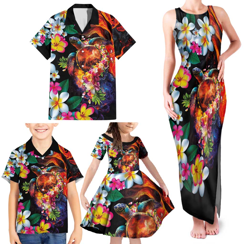 Hawaiian Lei Day Family Matching Tank Maxi Dress and Hawaiian Shirt Colorful Plumeria and Volcanic Turtle with Abstract Lava Texture