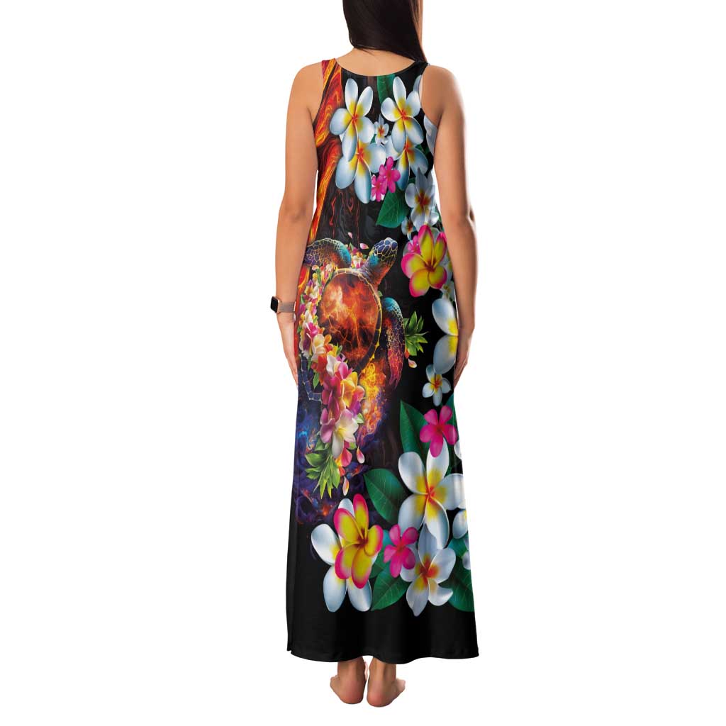 Hawaiian Lei Day Family Matching Tank Maxi Dress and Hawaiian Shirt Colorful Plumeria and Volcanic Turtle with Abstract Lava Texture