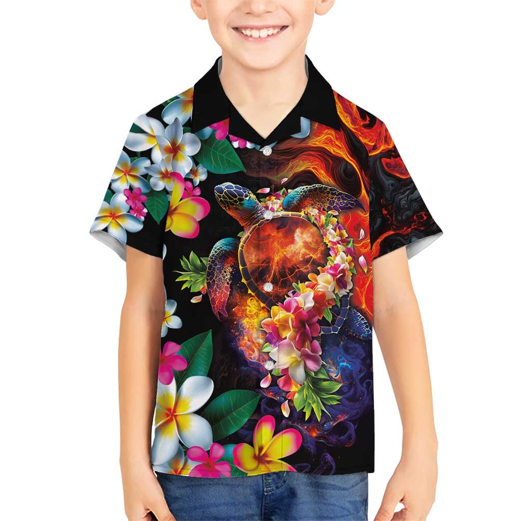 Hawaiian Lei Day Family Matching Tank Maxi Dress and Hawaiian Shirt Colorful Plumeria and Volcanic Turtle with Abstract Lava Texture