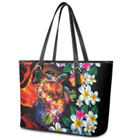 Hawaiian Lei Day Leather Tote Bag Colorful Plumeria and Volcanic Turtle with Abstract Lava Texture